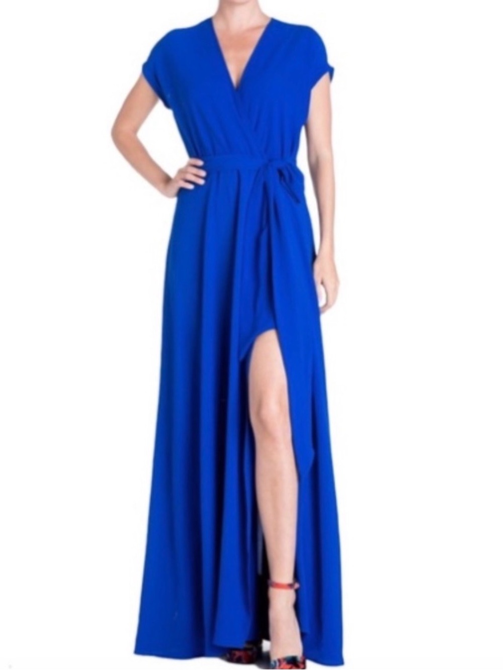 Meghan LA Jasmine Wrap Maxi Women’s Dress with Slit Blue L
